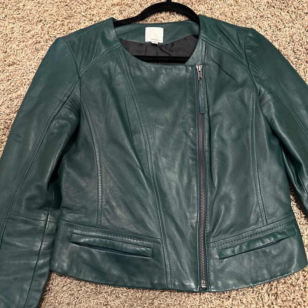 Green Leather Jacket with Subcategory Features